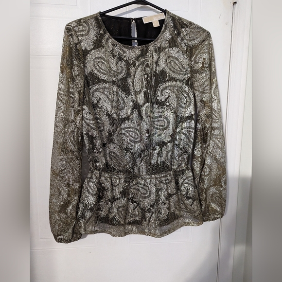 🏵️💚 MICHAEL KORS Women's Metallic Gold Paisley Long Sleeve Peplum Blouse - Picture 2 of 4